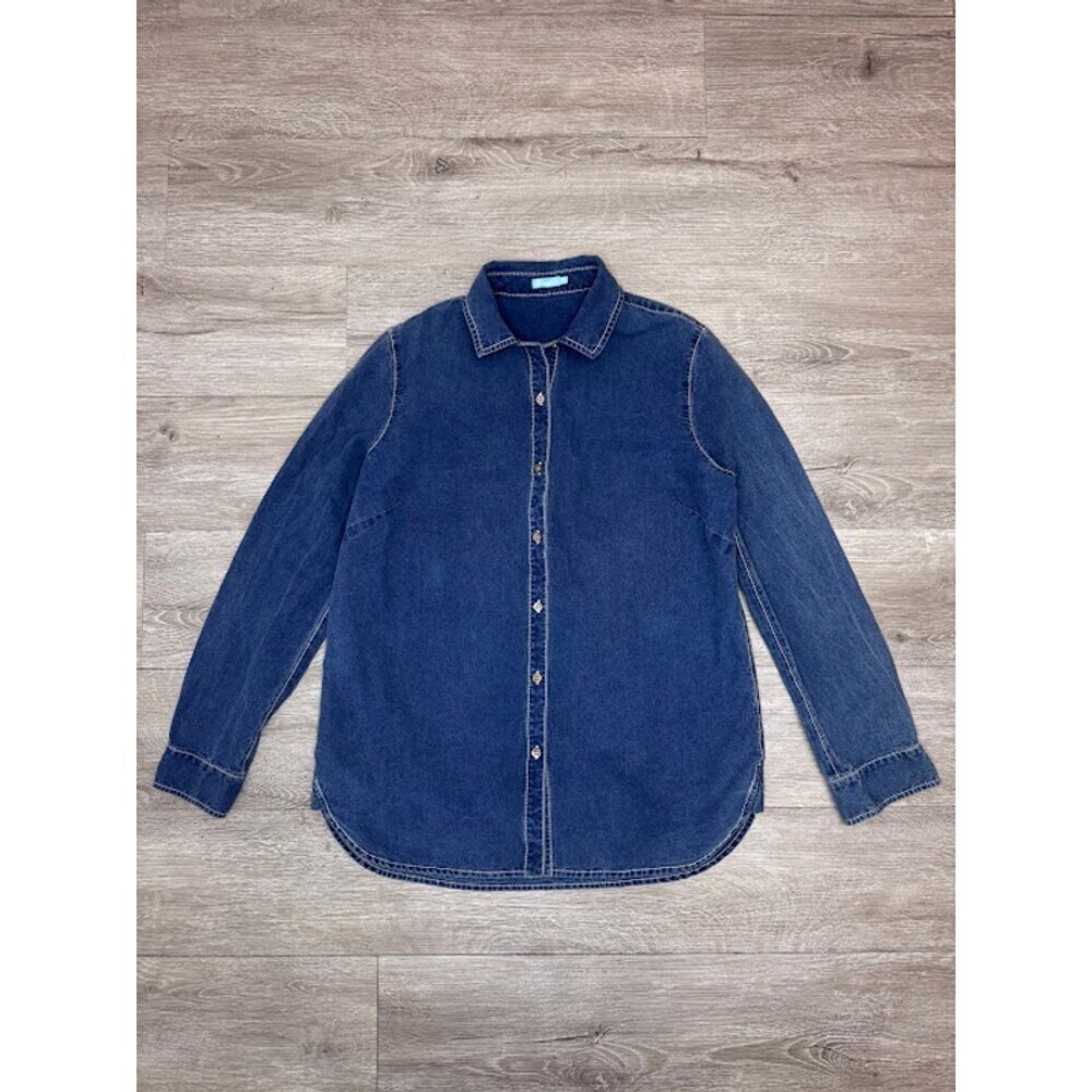 Medium Wash Denim Button Up Shirt Long Sleeve Collared Casual Top XS